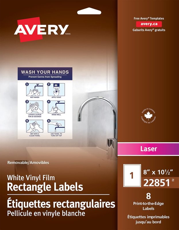 Avery Printable Removable Vinyl Rectangle Labels, 8" x 10.5" Labels for Laser Printers, Wall/Glass Decal Stickers, White, Waterproof, Film Stickers, Custom, (22851), Made in Canada 8" x 10.5" Rectangle