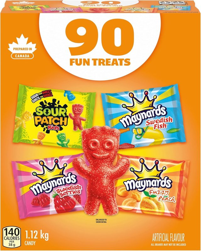 Maynards, Assorted Gummy Candy, Pack of 90, Individually Wrapped, Sour Patch Kids, Fuzzy Peach, Swedish Berries, Swedish Fish, Bulk Candy, Variety Pack, Value Pack, Sour Candy, 1.12kg, Prepared in Canada Peach 90 Count (Pack of 1)