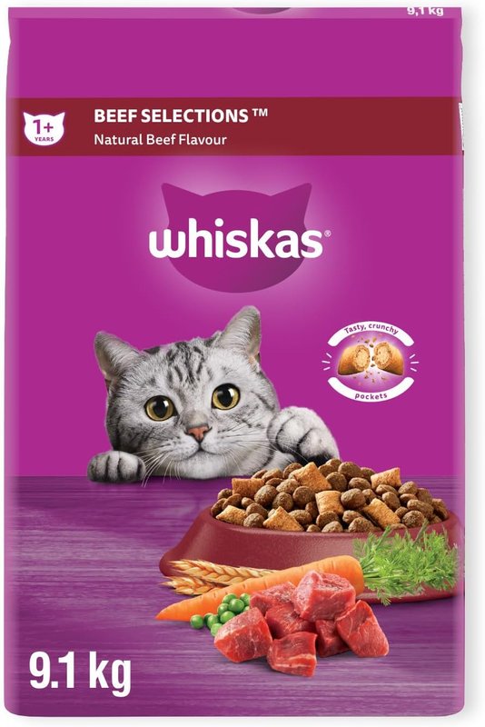 WHISKAS Adult Dry Cat Food - Beef Selections Flavour, 9.1kg Bag