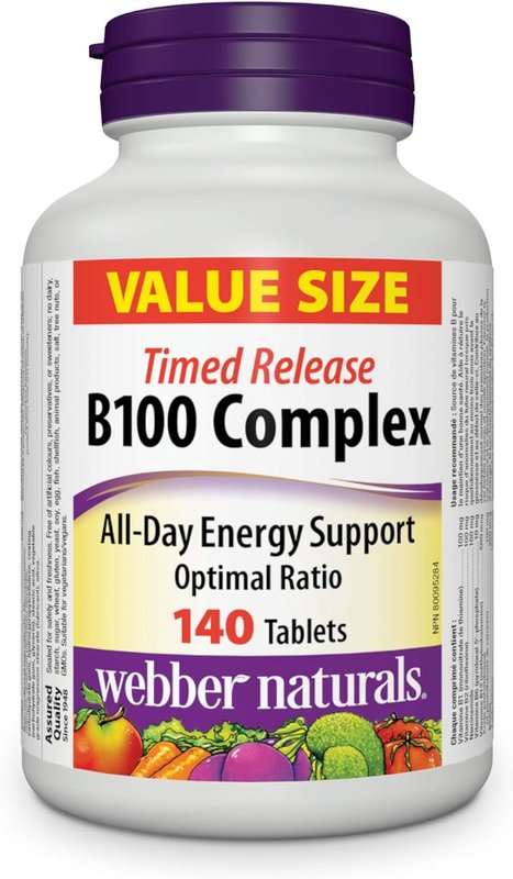 Webber Naturals Vitamin B100 Complex, Timed Release, 140 Tablets, Supports Energy Production and Metabolism, Vegan 140 count (Pack of 1) B Complex