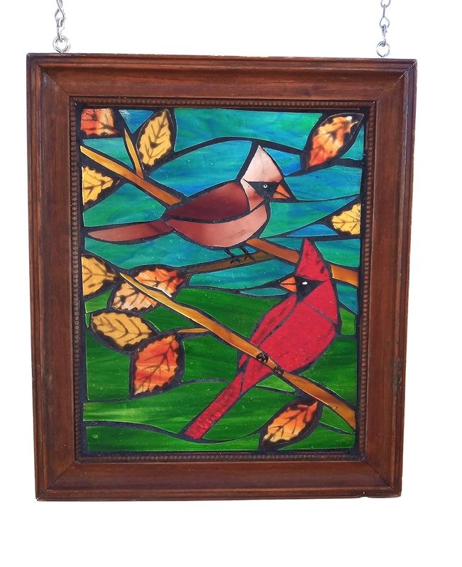 Pair of Cardinals in Fall Stained Glass Mosaic Panel