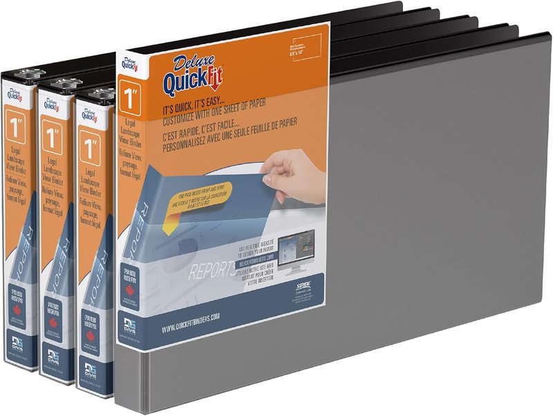 QuickFit Heavy-Duty Landscape Legal Binder, Round Ring, 8 1/2 Inches by 14 Inches, Round Ring, Black, Pack of 4