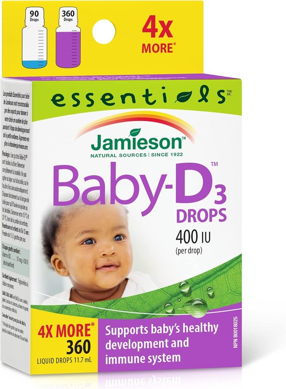 Jamieson Baby Vitamin D3 Drops 400 IU, Supports Baby's Development, Immune Health, Healthy Bones and Teeth. Pure and Premium Formula, Non-GMO, Gluten-Free, Lactose-Free, No Artificial Colours, Flavours or Preservatives, 360 Drops