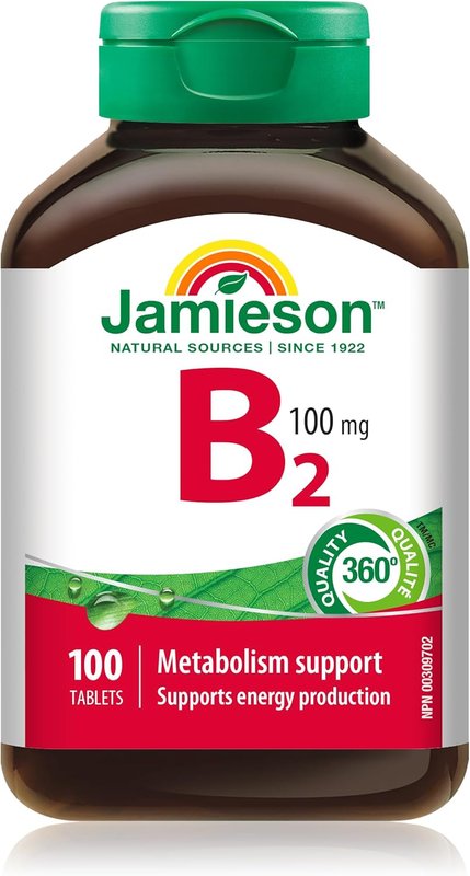 Jamieson Vitamin B2 Riboflavin 100 mg Tablets, Metabolism Support, Supports Energy Production, and Healthy Red Blood Cells. Vegetarian, Gluten-Free, No Artificial Flavours, Colours, or Preservatives, 100 Count, Proudly Canadian