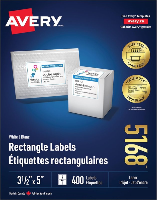 Avery TrueBlock Shipping Labels for Inkjet/Laser Printers, 5" x 3½", White, Rectangle, 400 Labels, Permanent (5168) Made in Canada
