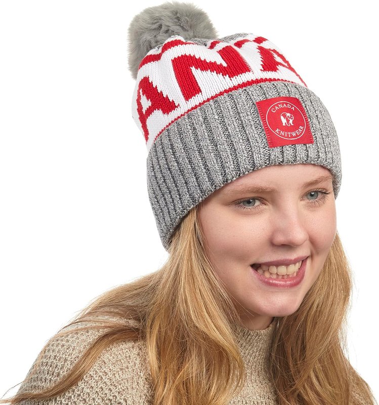 Canada Knitwear Canada Maple Leaf Beanie Hats Canadian Flag Winter Beanies for Women Men Cotton with Detachable Plush Pompom Canada - Gray