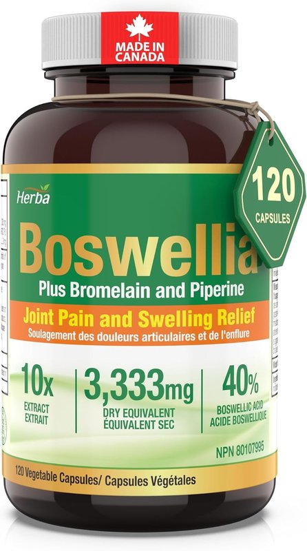 Herba Boswellia Serrata Capsules with Bromelain Supplement – 120 Capsules | 3,330mg – 10:1 Boswellia Supplement with Black Pepper - Extra Strength | Relieves Joint Pain and Swelling | Made in Canada