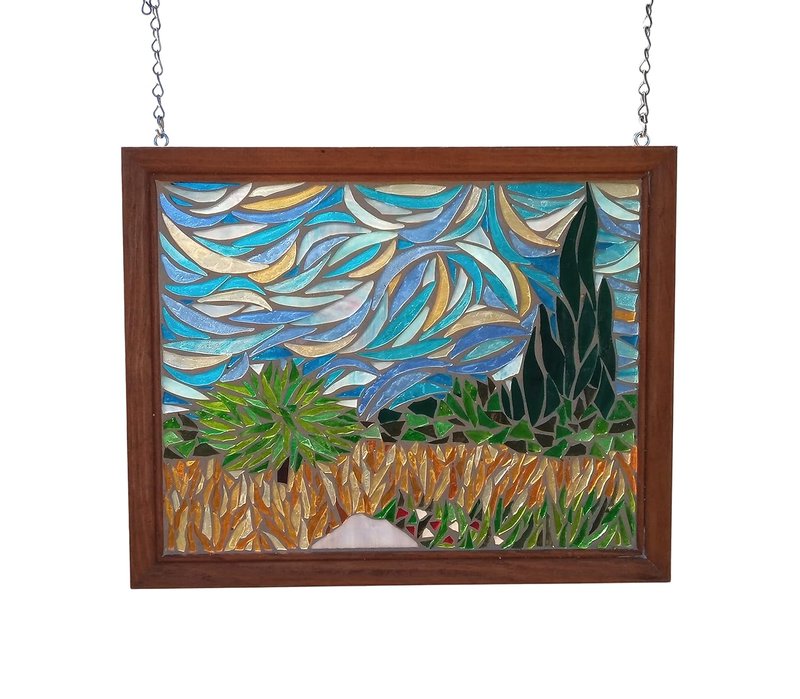 Van Gogh Field with Cypresses Stained Glass Mosaic Panel