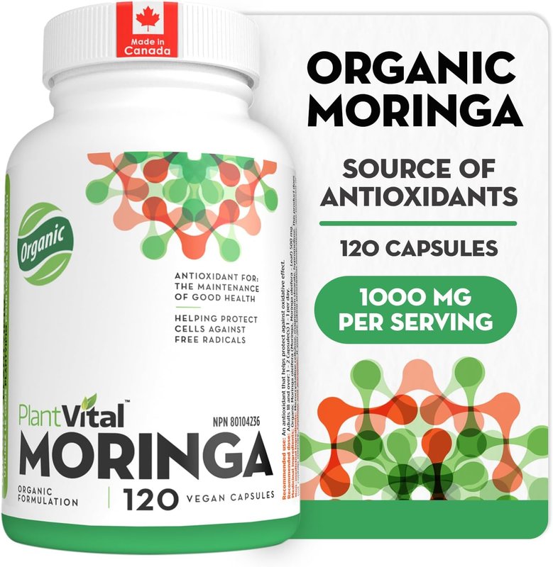 PlantVital Organic Moringa Capsules - Made in Canada - 1000mg High Potency (500mg per Capsule) Moringa Pure Capsules for Antioxidant, and Eye Health - Vegan, Non-GMO, Gluten Free (120 Count, 60 Days) 120 count (Pack of 1)