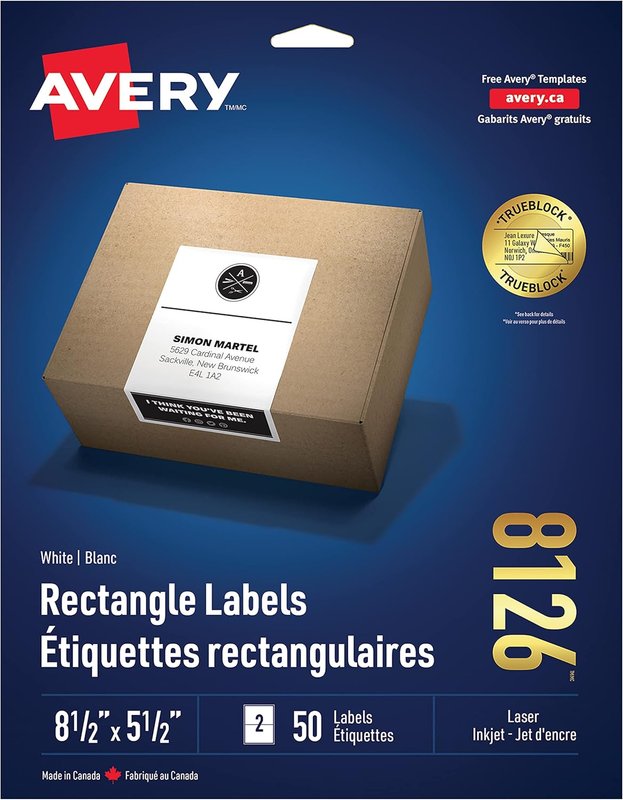 Avery TrueBlock Shipping Labels for Inkjet/Laser Printers, 8.5" x 5.5", White, Rectangle, 50 Labels, Permanent (8126) Made in Canada