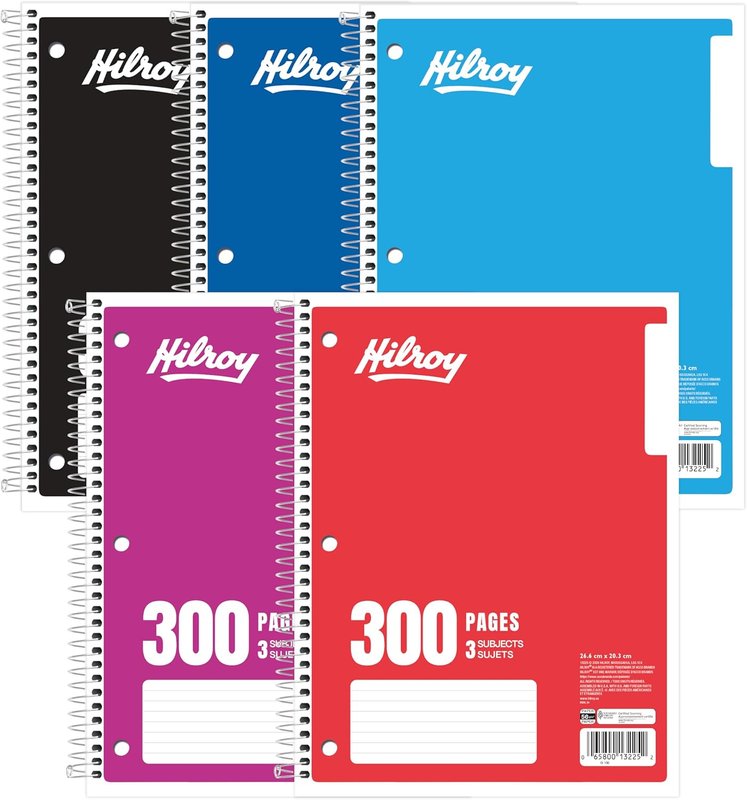 Hilroy Coil 3-subject Notebook, Wide Ruled, 8 x 10.5 Inches, 300 Pages/150 Sheets, Assorted Color Covers, 1 Notebook, Colour May Vary (13225) Assorted Colours 3-Subject/300 Pages