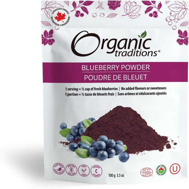 Organic Traditions Organic Blueberry Powder, Made in Canada, Vegan Non-GMO Canadian Blueberries 3.5oz (100g) Bag
