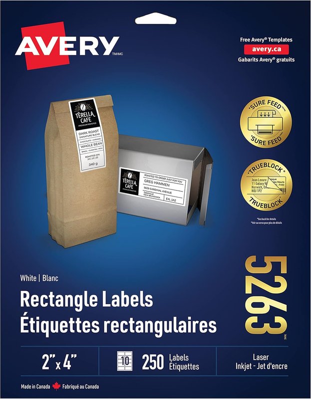 Avery TrueBlock Shipping Labels for Inkjet/Laser Printers, 2" x 4", White, Rectangle, 250 Labels, Permanent (5263) Made in Canada