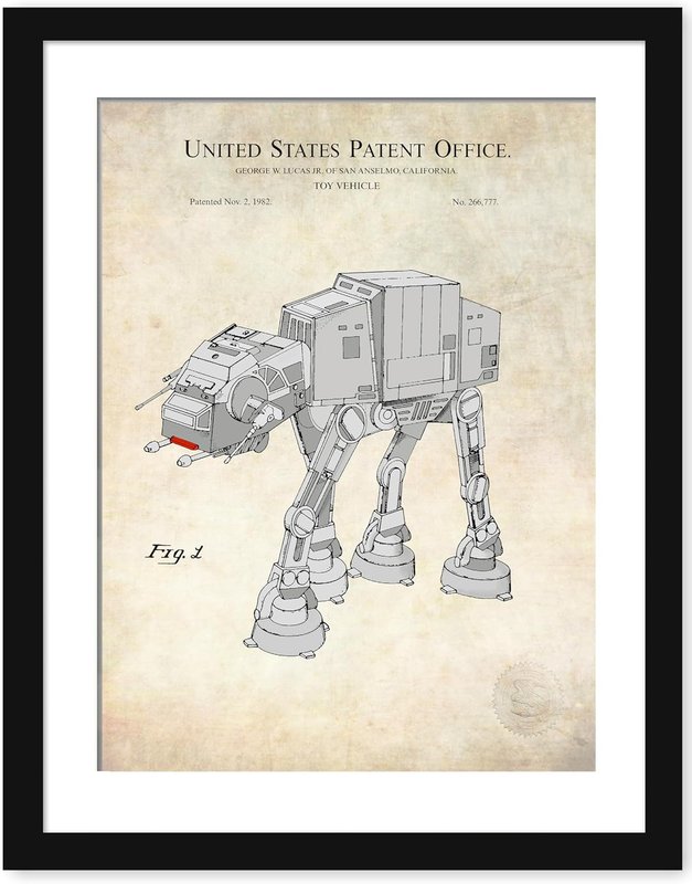 Vintage Sci-Fi Walking Vehicle Patent | 1982 George Lucas Patent | Available as Prints or Framed | Antique Background | (24x32" - Print Only)