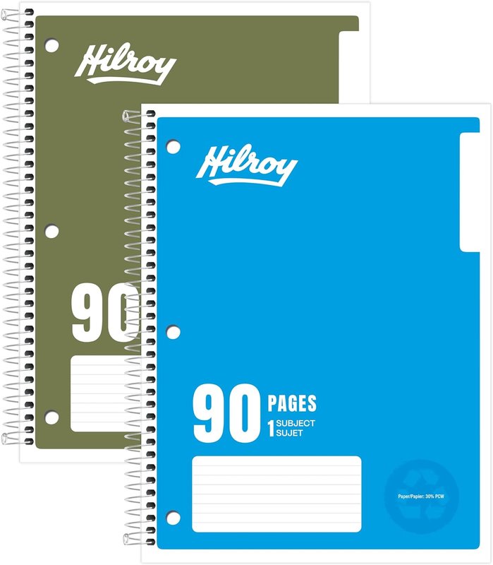 Hilroy Recycled Coil 1-Subject Notebook, College Ruled, 10-1/2 X 8 Inches, 45 Sheets / 90 Pages, Assorted Colour Covers, 1 Notebook (13040)