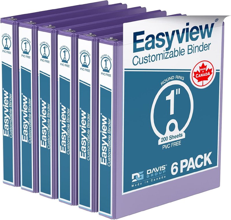EasyView Premium 1-Inch Binders with Clear-View Covers, 3-Ring Binders for School, Office, or Home, Colored Binder Notebooks, Pack of 6, Round Ring, Purple