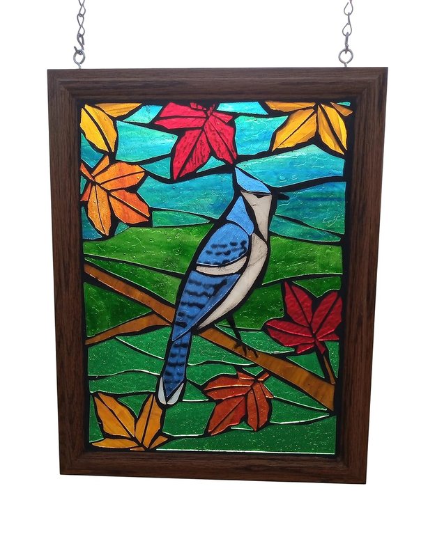 Blue jay in Maple Tree Stained Glass Mosaic Panel