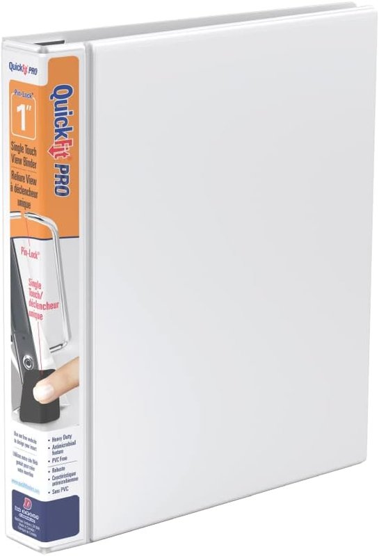 QUICKFIT PRO Heavy Duty Single Touch View Binder, 1", Locking D Ring, White (90010) 1-Inch