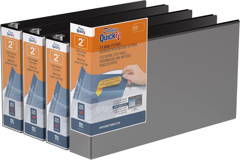 QuickFit Landscape 3 Ring Legal Binder, Heavy-Duty Round-Ring Binder with Clear-View Cover, 8.5" x 14", Pack of 4, Round Ring, Black