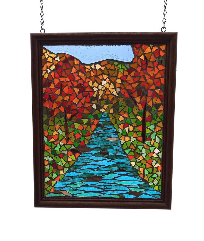 Fall Forest Stream Landscape Stained Glass Mosaic Panel