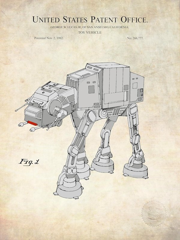 Vintage Sci-Fi Walking Vehicle Patent | 1982 George Lucas Patent | Available as Prints or Framed | Antique Background | (8x10" - Print Only) 30L x 40W cm
