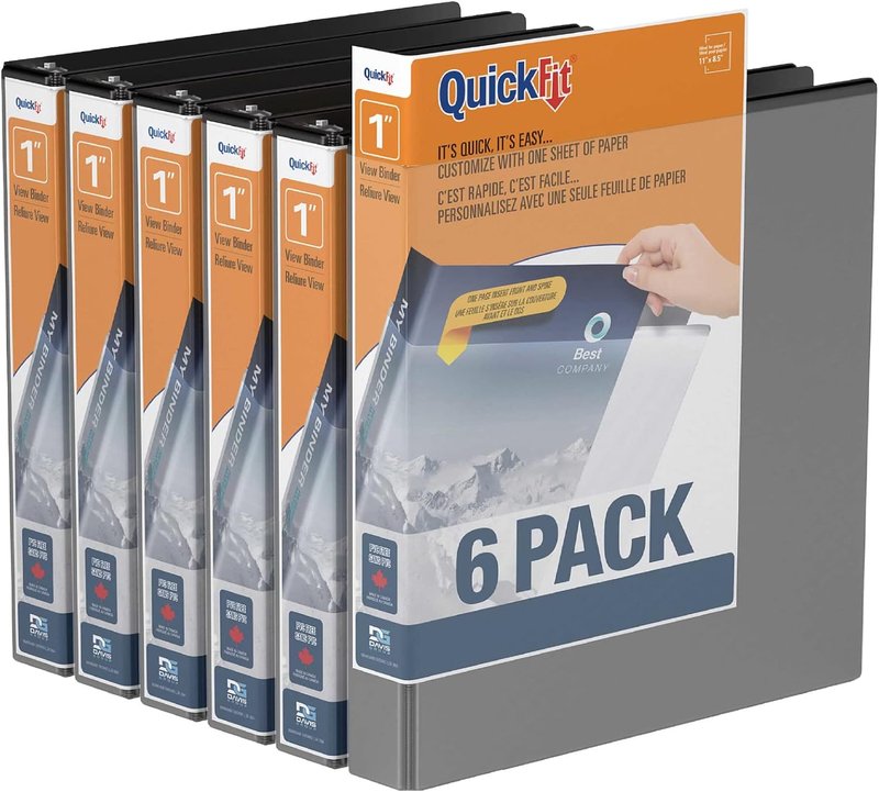 QuickFit View Binder, 3-Ring Binder for School or Office, Round Ring, Black, 6 Pack, 1 Inch