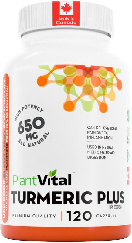 PlantVital Turmeric Curcumin - Made in Canada - with Black Pepper 1300mg (4:1 extract ratio) per dose - Anti Inflammatory & Joint Health Support Turmeric Supplements - Vegan & Non-GMO - 120 capsules