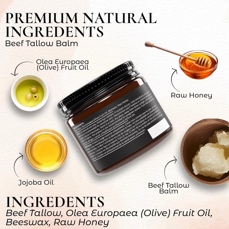 Beef Tallow Balm For Skin: Grass-Fed Tallow Moisturizer with Honey, Jojoba & Olive Oils - Unscented Face & Body Balm for Daily Moisturizing - 60g/2oz