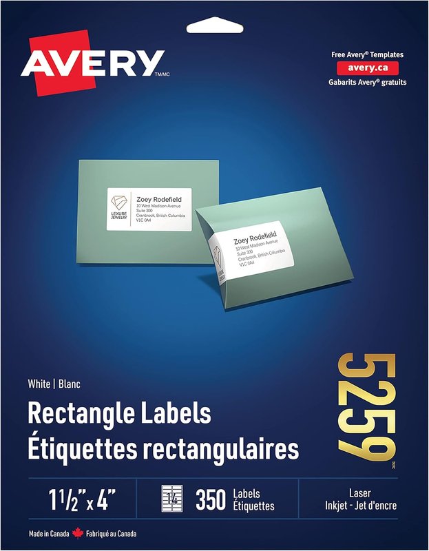 Avery Address Labels for Laser Printers, 1-1/2" x 4", White, Rectangle, 350 Labels, Permanent (5259) Made in Canada
