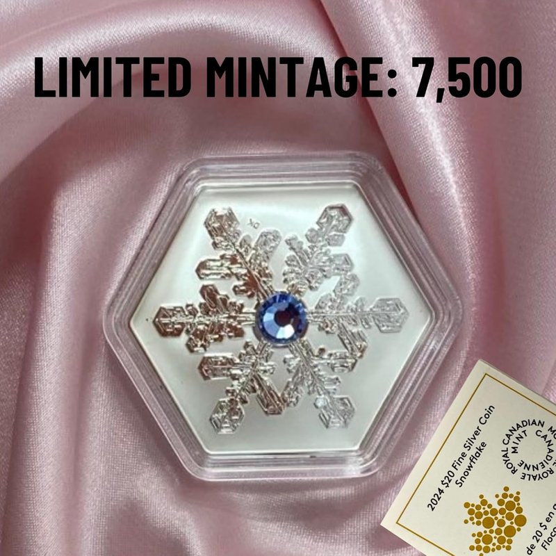 Sprott Money Collectibles - 2024 Snowflake 1 oz Fine Silver Hexagon Coin with Crystal - Royal Canadian Mint - Winter Christmas Holiday Coin Collectible