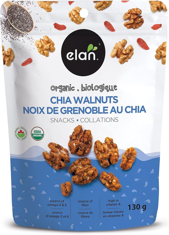Elan Organic Chia Walnuts, 130g, Non-GMO, Gluten-Free, Vegan, Kosher, Healthy Snacks, Glazed Nuts with Chia Seeds, Goji Berry Powder & Himalayan Pink Salt, Superfood Infused Nuts single pack