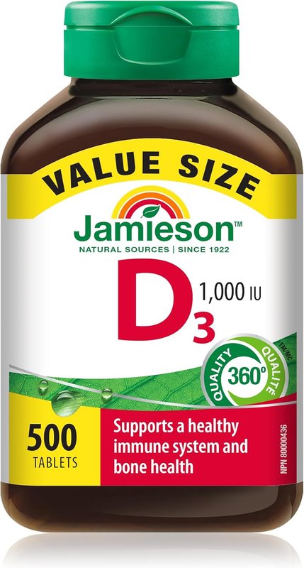 Jamieson Vitamin D3 1,000 IU Tablets, Supports Immune Health, Strong Bones, and Teeth, Enhances Calcium and Phosphorus Absorption. Vegetarian, Non-GMO, Gluten-Free, One Per Day, 500 Count, Proudly Canadian 500 count (Pack of 1)