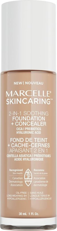 Marcelle Skincaring 2-in-1 Soothing Foundation + Concealer, Classic Ivory, with Hyaluronic Acid, Medium Coverage, Matte Finish, Oil-Free, Cruelty-Free, Fragrance-Free, Hypoallergenic, 30 mL