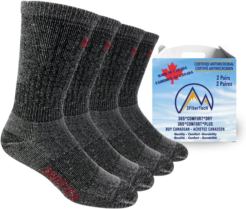 DRISTEX - 365*COMFORT+DRY - MADE IN CANADA - 2 Pairs - Men's Crew Socks, Moisture Wicking Large Tall Black Natural 2