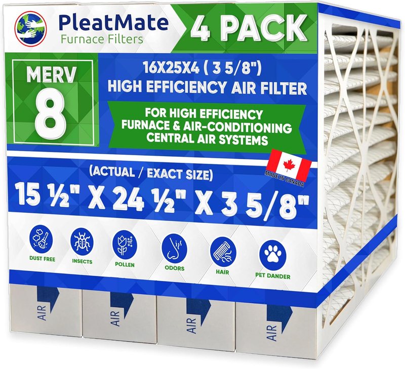 16x25x4 (3 5/8") MERV 8 Pleated Furnace Filter. Actual/Exact Size 15-1/2" x 24-1/2" x 3 5/8". Case of 4 Made in Canada by PleatMate Furnace Filters