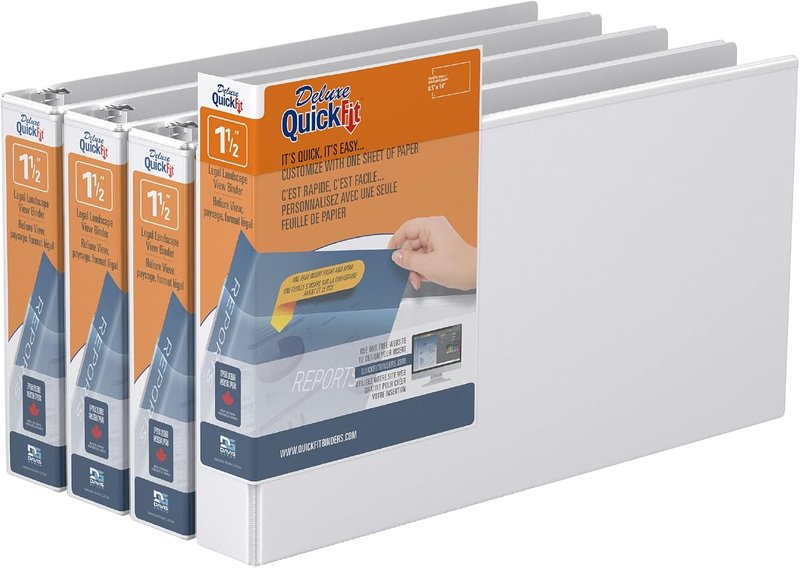 QuickFit Landscape 3 Ring Legal Binder, Heavy-Duty Round-Ring Binder with Clear-View Cover, 8.5" x 14", Pack of 4, Round Ring, White