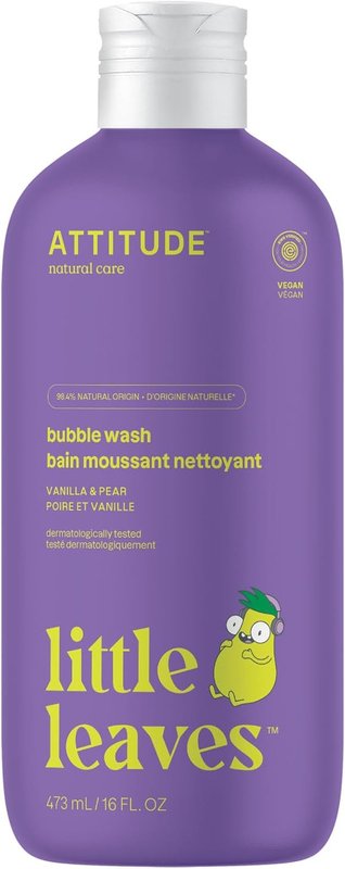ATTITUDE Bubble Wash for Kids, Made in Canada, EWG Verified Bubble Bath, Hair Shampoo and Body Soap, Dermatologically Tested, Plant- and Mineral-Based, Vegan, Vanilla & Pear, 473 mL 473 ml (Pack of 1) Vanilla & Pear