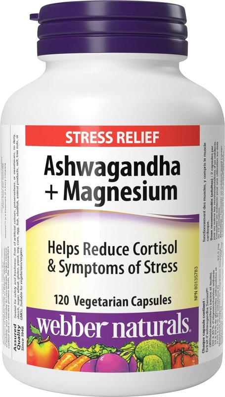 Webber Naturals Ashwagandha + Magnesium, 120 Capsules, Helps to Reduce Cortisol and Symptoms of Stress, Vegan