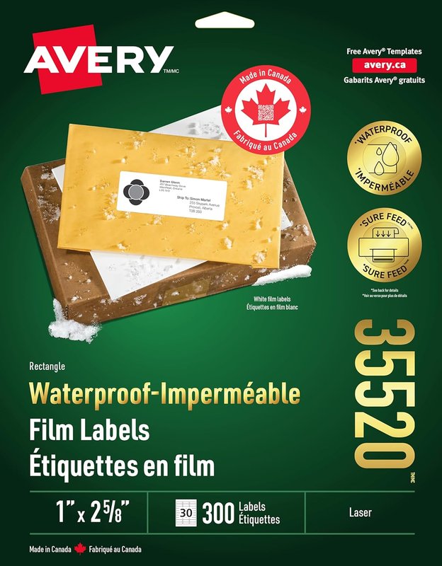 Avery Waterproof White TrueBlock Film Labels with SureFeed Technology, 1" x 2-5/8", Rectangle, Permanent Adhesive, for Laser Printers, 300 UV/Chemical/Tear Resistant Labels, (35520), Made in Canada 300 Labels 1” x 2⅝”