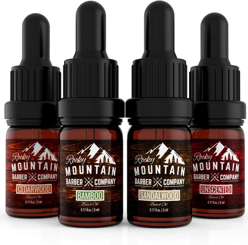Beard Oil Sample Size Pack - Canadian Made - 4 Unique Beard Oil Varieties (5 ml each) - Cedarwood, Sandalwood, Bamboo & Unscented – Contains Essential Oil