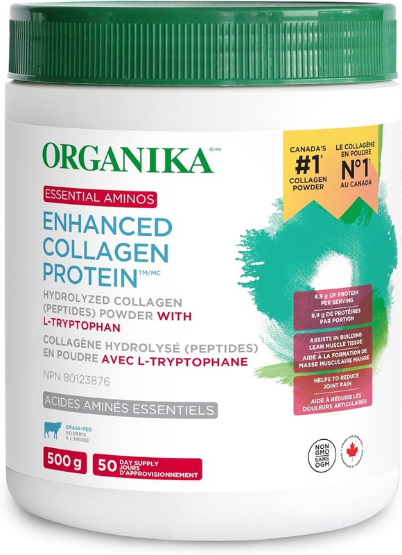 Organika Canadian-Made Enhanced Collagen Protein Essential Aminos - Complete Essential Amino Profile for Muscle Growth and Recovery, Joint Support, and Skin Hydration, Unflavoured - 500g 50 Servings 500 g (Pack of 1)
