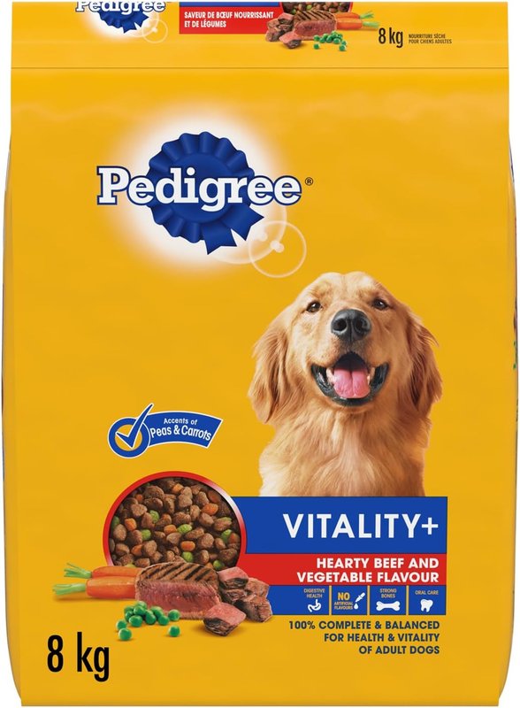 PEDIGREE VITALITY+ Dry Food For Adult Dogs – Hearty Beef & Vegetable Flavour - Supports Strong Bones and Healthy Teeth - With Calcium, 8kg Bag Beef Beef & Vegetable 8 kg (Pack of 1)