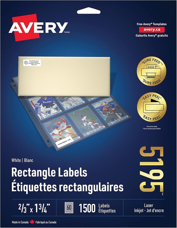Avery Address Labels with Easy Peel for Inkjet/Laser Printers, 2/3" x 1-3/4", White, Rectangle, 1500 Labels, Permanent (5195) Made in Canada ⅔" x 1¾" 1,500 Labels