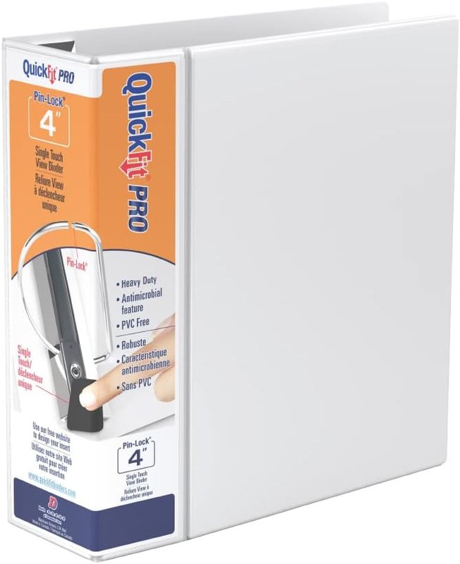 QuickFit PRO Heavy Duty Single Touch View Binder, 4", Locking D Ring, White (90060)
