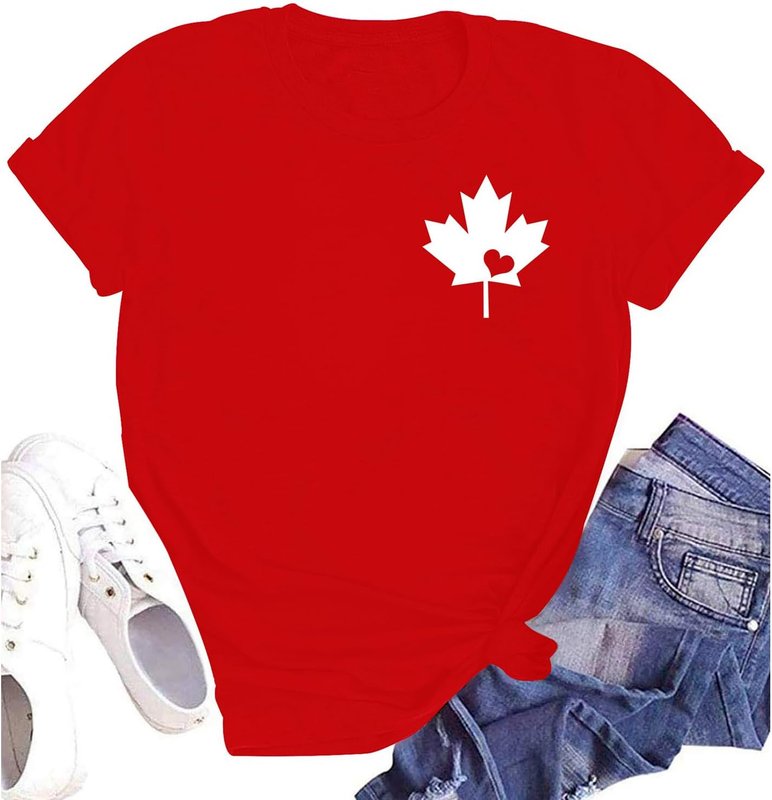 LINZEOO Womens Canada Shirts Canada Day Flag Short Sleeve Maple Leaf Tee Top Red2 Medium