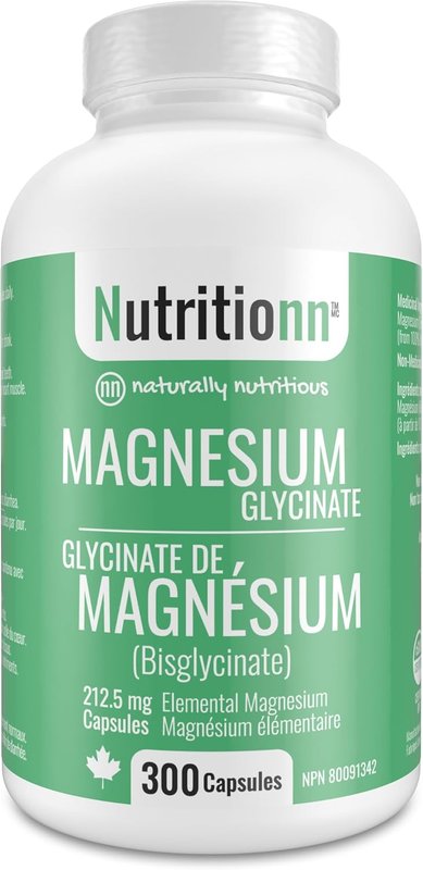 Magnesium Glycinate Supplement - 300 Capsules x 212.5 mg Elemental Magnesium, 425 mg Once Daily for Women and Men - Pure Chelated Bisglycinate for Good Health and Sleep - Made in Canada by Nutritionn
