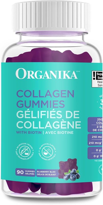 Organika Canadian-Made Collagen Gummies - Blueberry Flavour - 2500 mg of Collagen Per Serving plus Biotin For Better Skin, Hair and Joint Health | Pasture-Raised Cattle, Gluten and Dairy-Free 90 Gummies