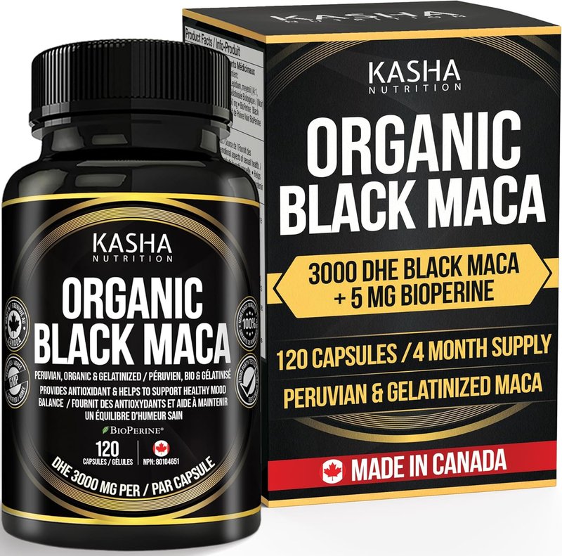 Organic Black Maca DHE 3000mg (Industry Strongest) with Bioperine per Capsule - Organic Gelatinized Maca for Men, Women and All Genders | 750 mg 4:1 Extract Maca Root / Maca Powder | Proudly Canadian | 4 Month Supply. Non-GMO, Vegan, Gluten Free, Soy Free, Vegetarian. KASHA Nutrition.