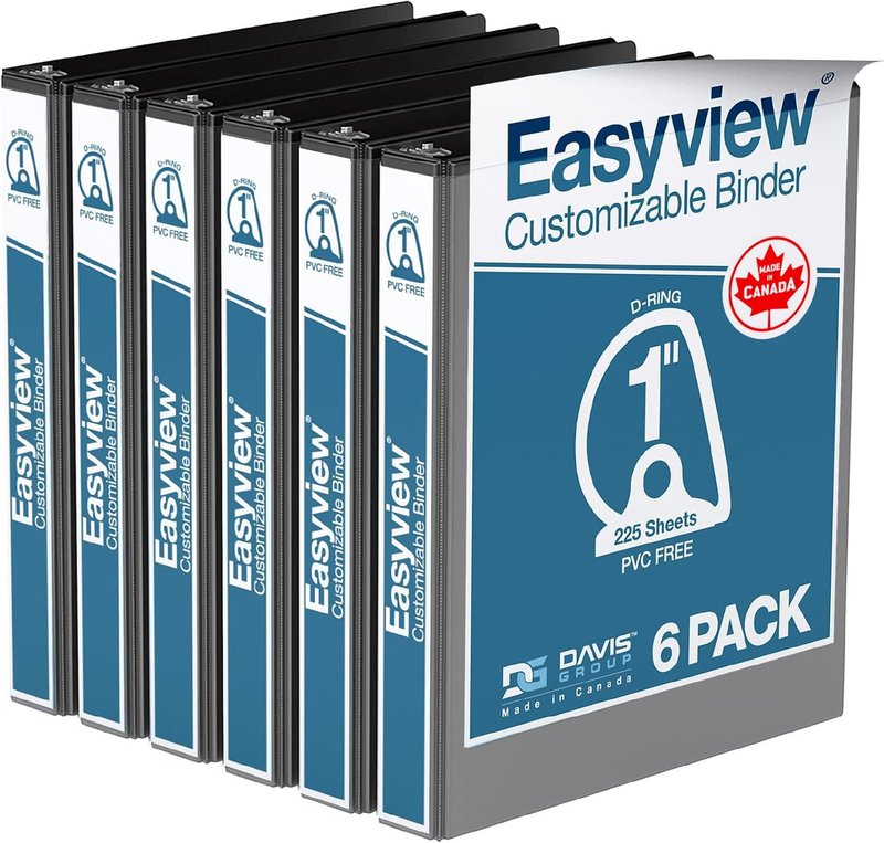 EasyView Premium Angled D-Ring 1-Inch Binders with Clear-View Covers, Customizable 3-Ring Binders for School, Office, or Home, Pack of 6, Black 1 Inch Black