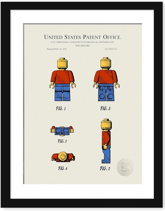 Iconic Building Block Print | 1978 Design for a Toy Figure Patent | Available as Prints or Framed | Linen Background | Digitally Colored (16x20" Frame with Mat)